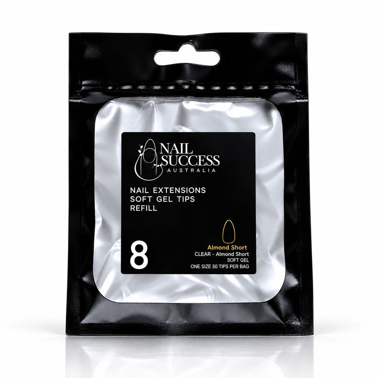 Nail Success Australia Almond Short soft gel tips refill pouch, size 8, 50 clear tips per bag