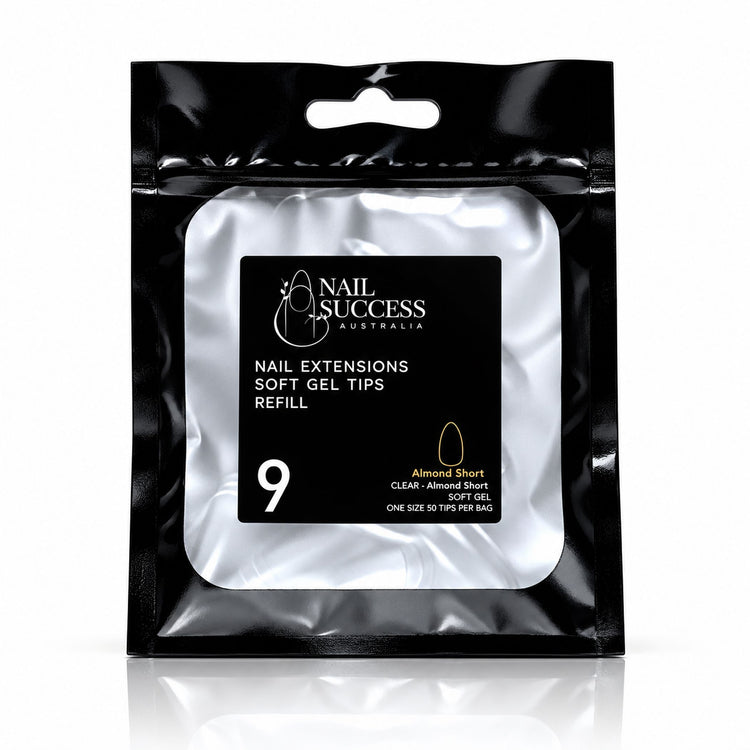 Nail Success Australia Almond Short soft gel tips refill pouch, size 9, 50 clear tips per bag