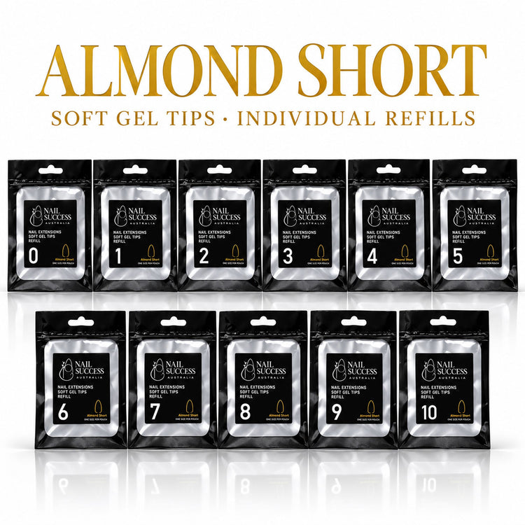 Nail Success Australia Almond Short soft gel tips individual refills, all 11 sizes, 0 to 10, 50 clear tips per pouch