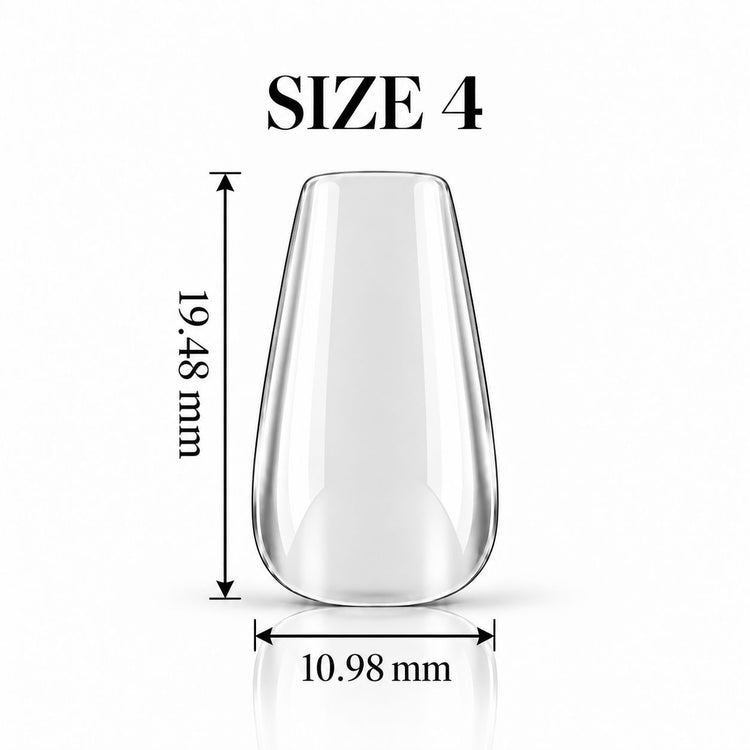 Nail Success Australia Coffin Short soft gel tip, size 4, clear, 19.48 mm long x 10.98 mm wide