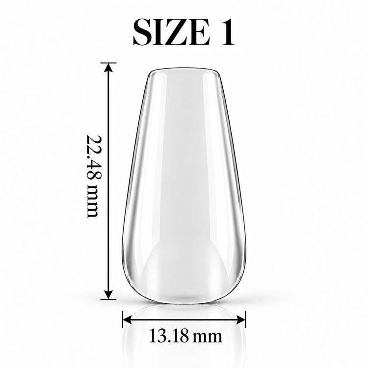 Nail Success Australia Coffin Short soft gel tip, size 1, clear, 22.48 mm long x 13.18 mm wide