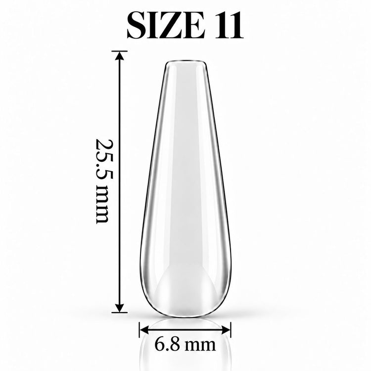Nail Success Australia Coffin Long soft gel tip, size 11, clear, 25.5 mm long x 6.8 mm wide
