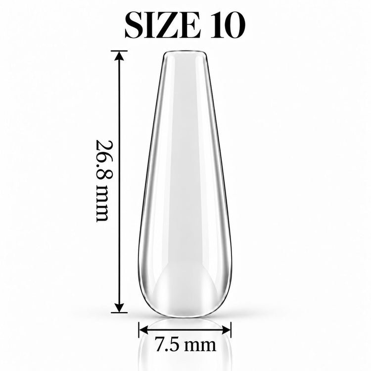 Nail Success Australia Coffin Long soft gel tip, size 10, clear, 26.8 mm long x 7.5 mm wide