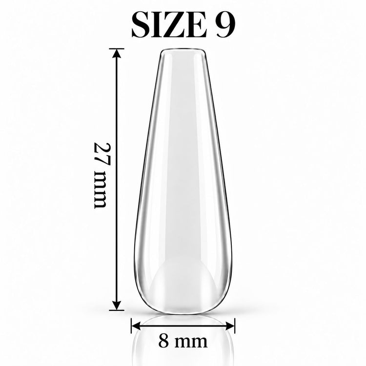 Nail Success Australia Coffin Long soft gel tip, size 9, clear, 27 mm long x 8 mm wide
