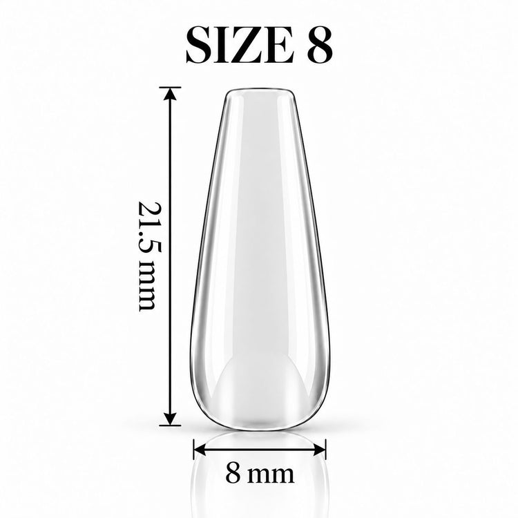Nail Success Australia Coffin Medium soft gel tip, size 8, clear, 21.5 mm long x 8 mm wide