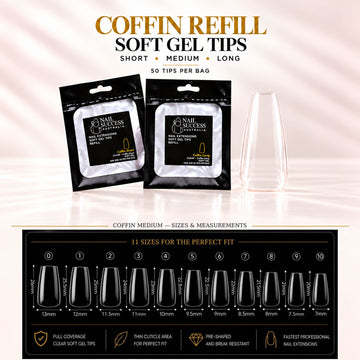 Nail Success Australia Coffin refill soft gel tips in Short, Medium and Long, 50 tips per bag, with the Coffin Medium size chart for all 11 sizes