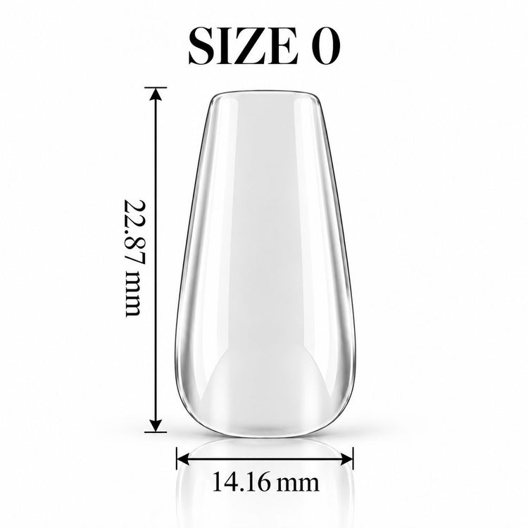 Nail Success Australia Coffin Short soft gel tip, size 0, clear, 22.87 mm long x 14.16 mm wide