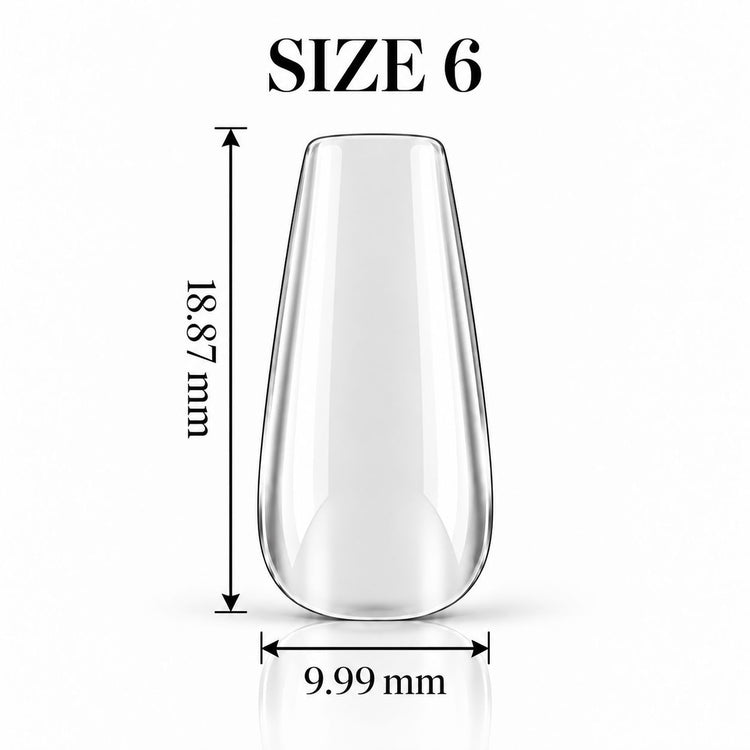 Nail Success Australia Coffin Short soft gel tip, size 6, clear, 18.87 mm long x 9.99 mm wide