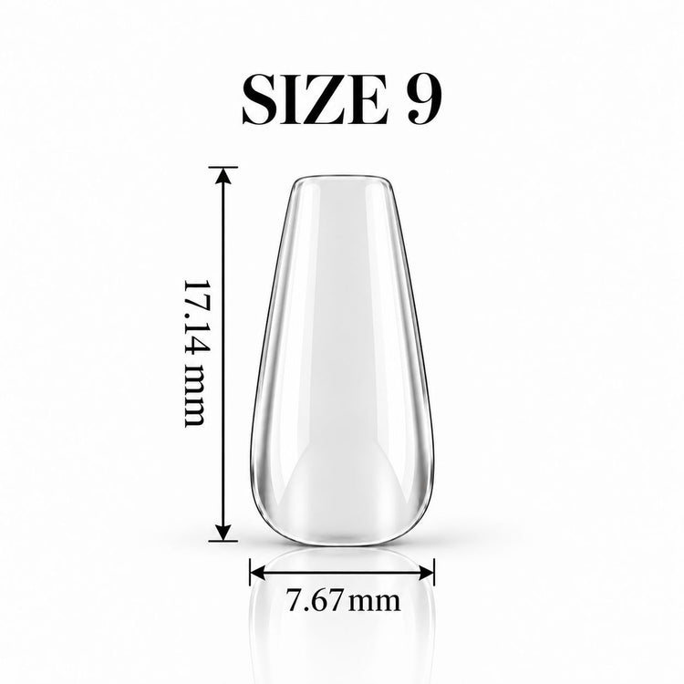 Nail Success Australia Coffin Short soft gel tip, size 9, clear, 17.14 mm long x 7.67 mm wide