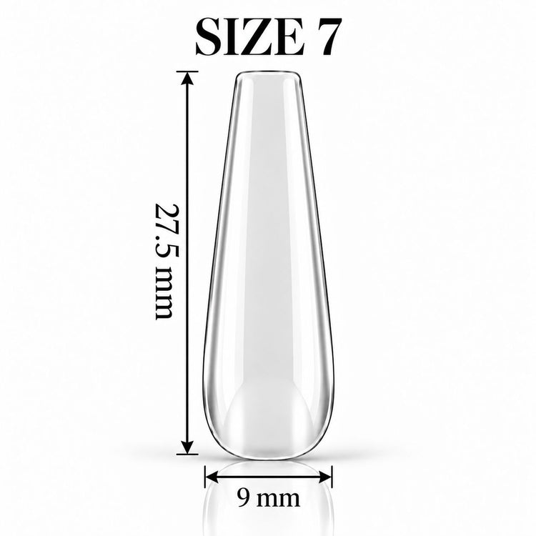 Nail Success Australia Coffin Long soft gel tip, size 7, clear, 27.5 mm long x 9 mm wide