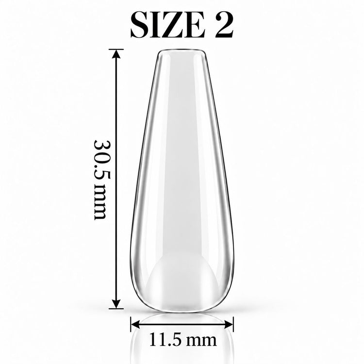 Nail Success Australia Coffin Long soft gel tip, size 2, clear, 30.5 mm long x 11.5 mm wide