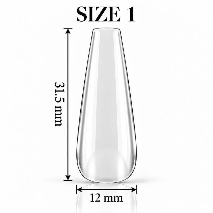 Nail Success Australia Coffin Long soft gel tip, size 1, clear, 31.5 mm long x 12 mm wide