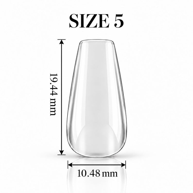 Nail Success Australia Coffin Short soft gel tip, size 5, clear, 19.44 mm long x 10.48 mm wide