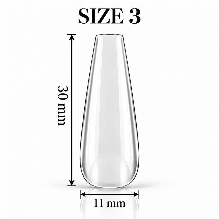Nail Success Australia Coffin Long soft gel tip, size 3, clear, 30 mm long x 11 mm wide