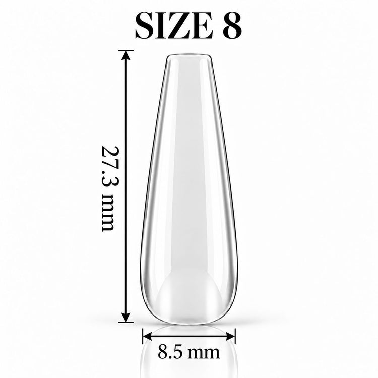 Nail Success Australia Coffin Long soft gel tip, size 8, clear, 27.3 mm long x 8.5 mm wide