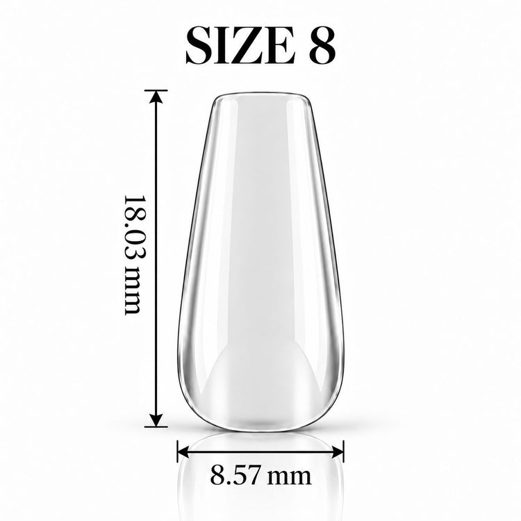 Nail Success Australia Coffin Short soft gel tip, size 8, clear, 18.03 mm long x 8.57 mm wide