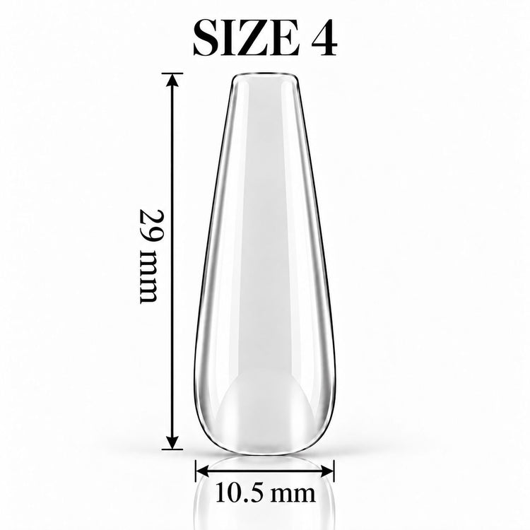 Nail Success Australia Coffin Long soft gel tip, size 4, clear, 29 mm long x 10.5 mm wide