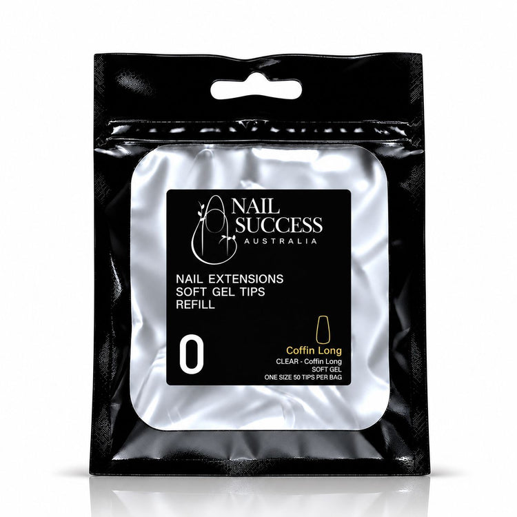 Nail Success Australia Coffin Long soft gel tips refill pouch, size 0, 50 clear tips per bag