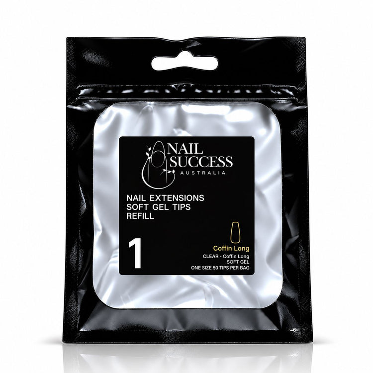 Nail Success Australia Coffin Long soft gel tips refill pouch, size 1, 50 clear tips per bag