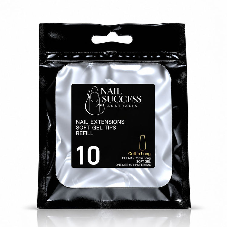 Nail Success Australia Coffin Long soft gel tips refill pouch, size 10, 50 clear tips per bag