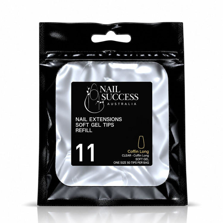Nail Success Australia Coffin Long soft gel tips refill pouch, size 11, 50 clear tips per bag