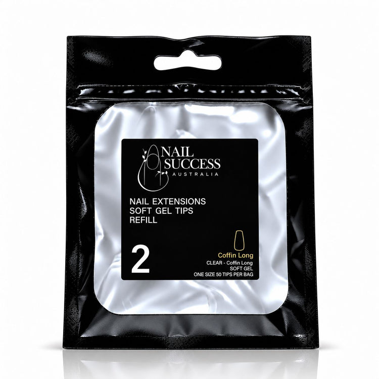 Nail Success Australia Coffin Long soft gel tips refill pouch, size 2, 50 clear tips per bag