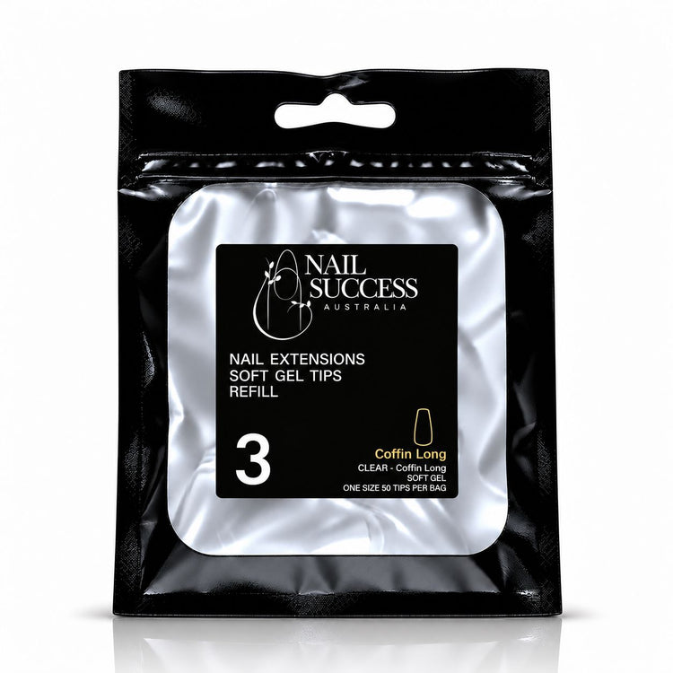 Nail Success Australia Coffin Long soft gel tips refill pouch, size 3, 50 clear tips per bag