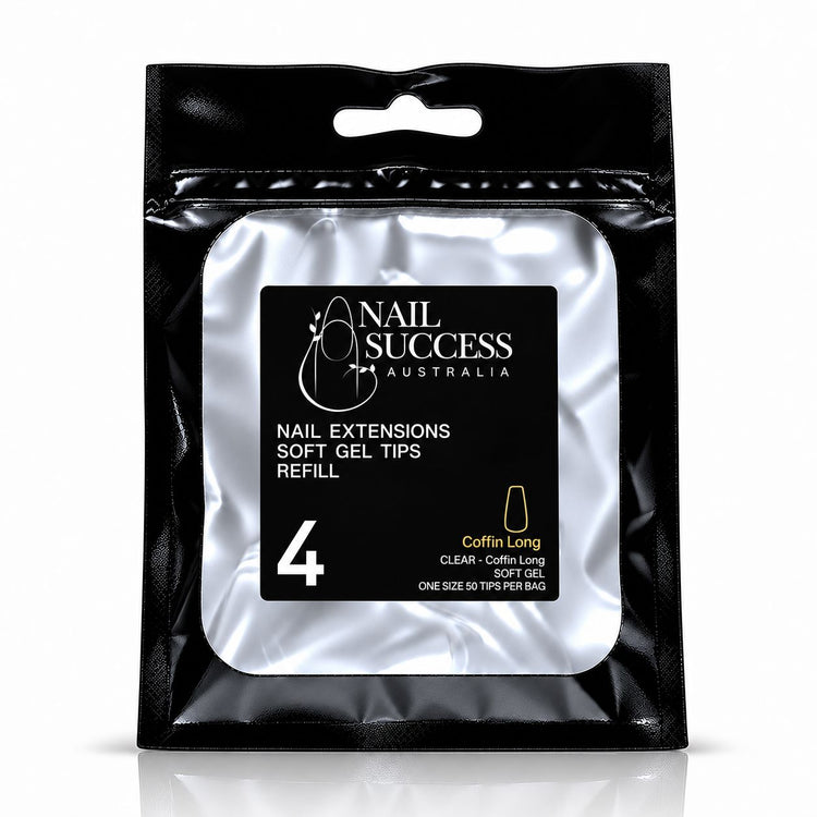 Nail Success Australia Coffin Long soft gel tips refill pouch, size 4, 50 clear tips per bag