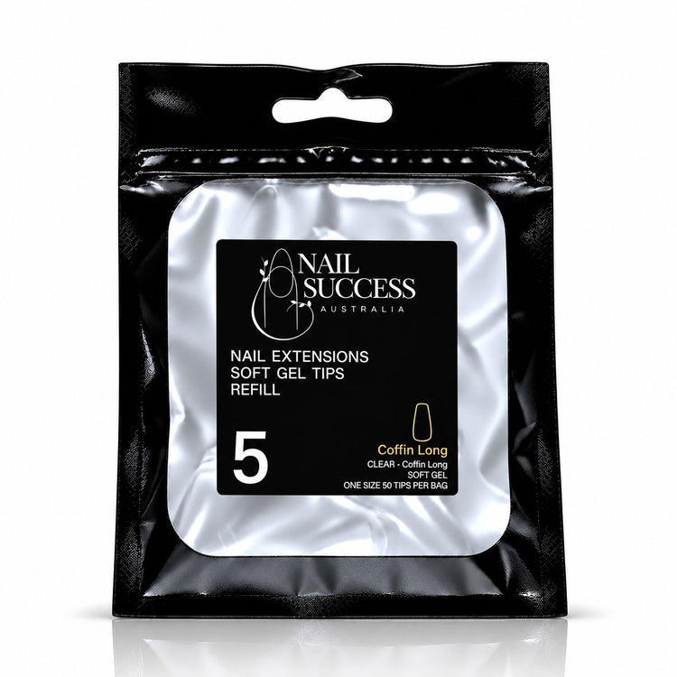 Nail Success Australia Coffin Long soft gel tips refill pouch, size 5, 50 clear tips per bag