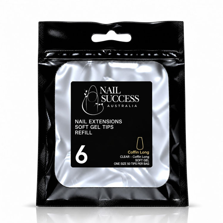 Nail Success Australia Coffin Long soft gel tips refill pouch, size 6, 50 clear tips per bag