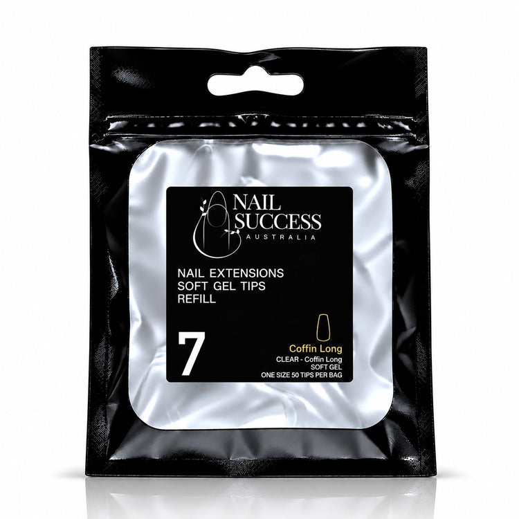 Nail Success Australia Coffin Long soft gel tips refill pouch, size 7, 50 clear tips per bag