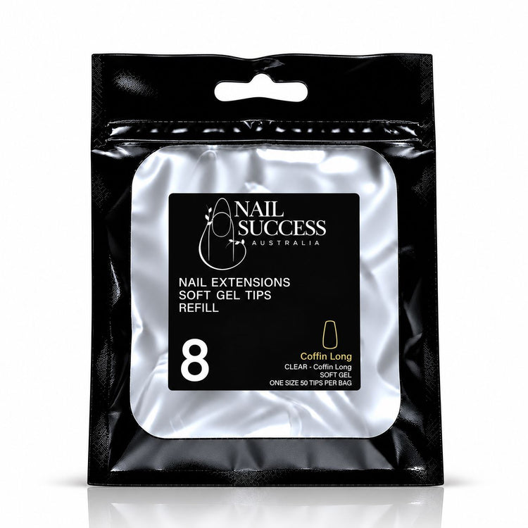 Nail Success Australia Coffin Long soft gel tips refill pouch, size 8, 50 clear tips per bag