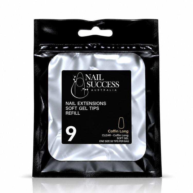 Nail Success Australia Coffin Long soft gel tips refill pouch, size 9, 50 clear tips per bag