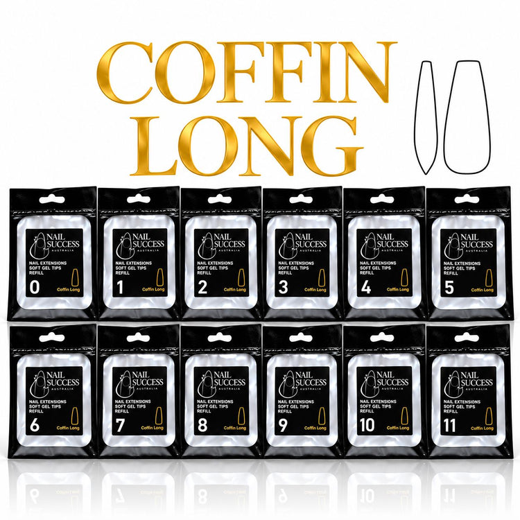 Nail Success Australia Coffin Long soft gel tips individual refills, all 12 sizes, 0 to 11, 50 clear tips per pouch