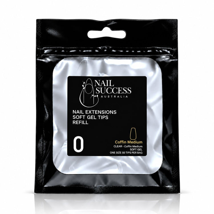 Nail Success Australia Coffin Medium soft gel tips refill pouch, size 0, 50 clear tips per bag