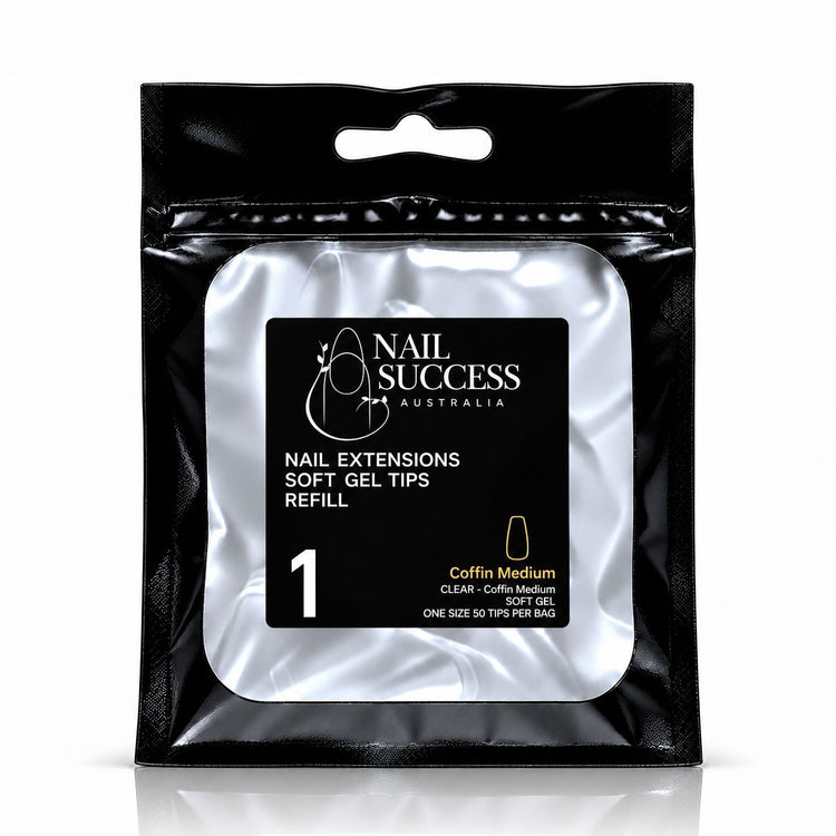 Nail Success Australia Coffin Medium soft gel tips refill pouch, size 1, 50 clear tips per bag