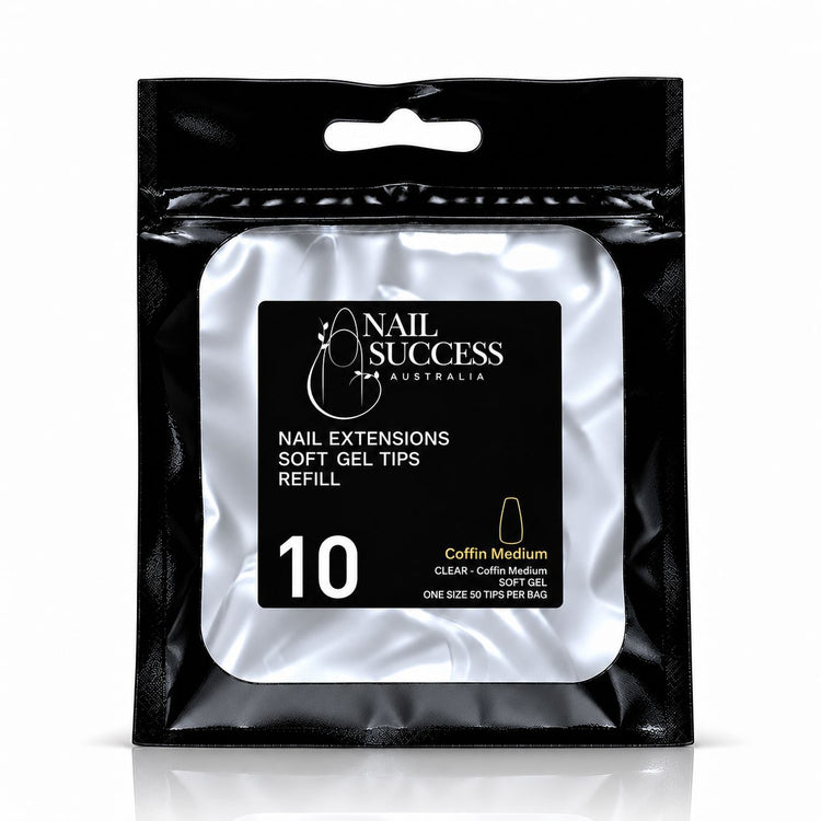 Nail Success Australia Coffin Medium soft gel tips refill pouch, size 10, 50 clear tips per bag