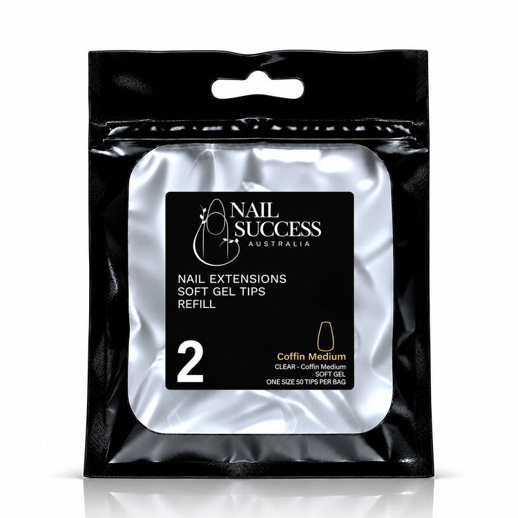 Nail Success Australia Coffin Medium soft gel tips refill pouch, size 2, 50 clear tips per bag