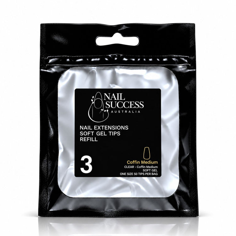 Nail Success Australia Coffin Medium soft gel tips refill pouch, size 3, 50 clear tips per bag