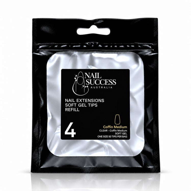 Nail Success Australia Coffin Medium soft gel tips refill pouch, size 4, 50 clear tips per bag