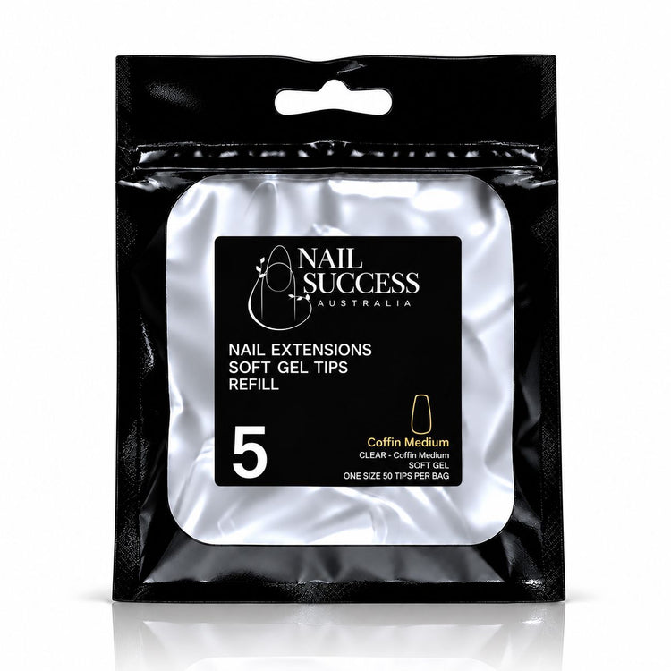 Nail Success Australia Coffin Medium soft gel tips refill pouch, size 5, 50 clear tips per bag