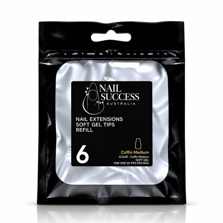 Nail Success Australia Coffin Medium soft gel tips refill pouch, size 6, 50 clear tips per bag