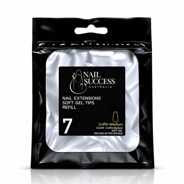 Nail Success Australia Coffin Medium soft gel tips refill pouch, size 7, 50 clear tips per bag