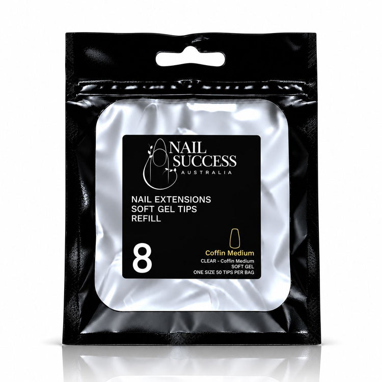 Nail Success Australia Coffin Medium soft gel tips refill pouch, size 8, 50 clear tips per bag