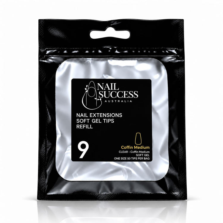 Nail Success Australia Coffin Medium soft gel tips refill pouch, size 9, 50 clear tips per bag