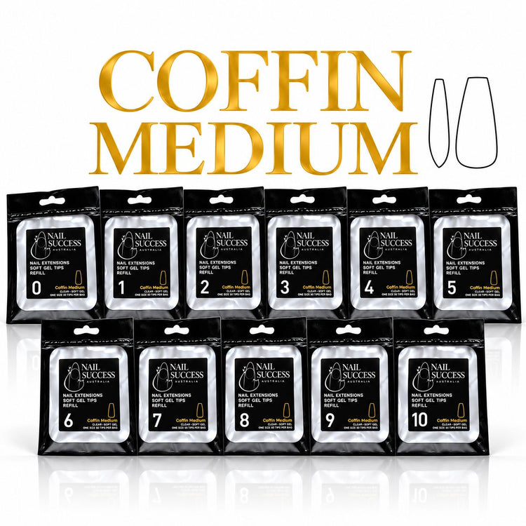 Nail Success Australia Coffin Medium soft gel tips individual refills, all 11 sizes, 0 to 10, 50 clear tips per pouch