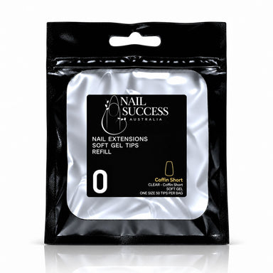 Nail Success Australia Coffin Short soft gel tips refill pouch, size 0, 50 clear tips per bag