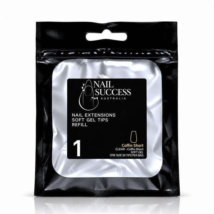 Nail Success Australia Coffin Short soft gel tips refill pouch, size 1, 50 clear tips per bag
