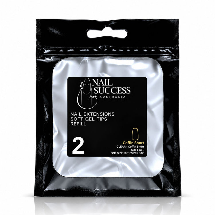 Nail Success Australia Coffin Short soft gel tips refill pouch, size 2, 50 clear tips per bag