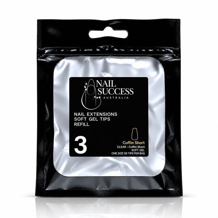 Nail Success Australia Coffin Short soft gel tips refill pouch, size 3, 50 clear tips per bag